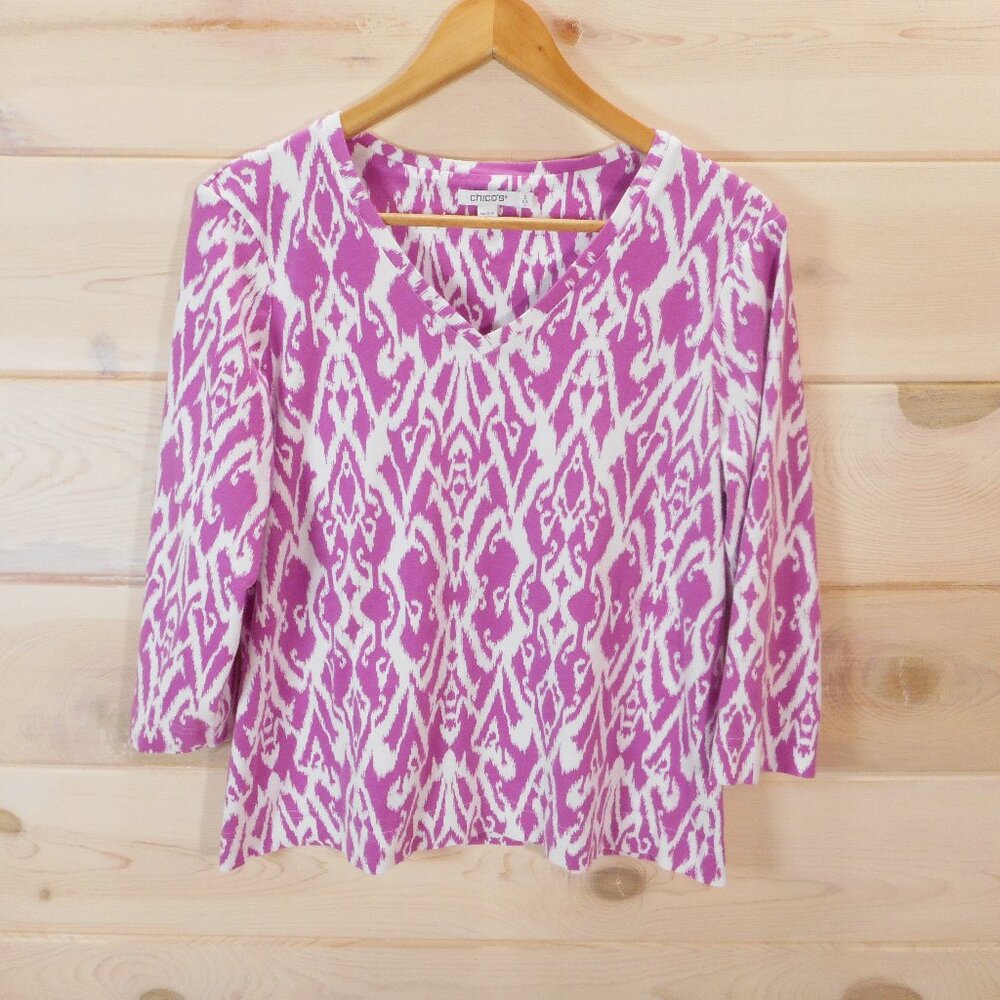 Chicos size 2 Women's L Ikat Print 3/4 Sleeve Top 100% Pima Cotton Purplish-Pink